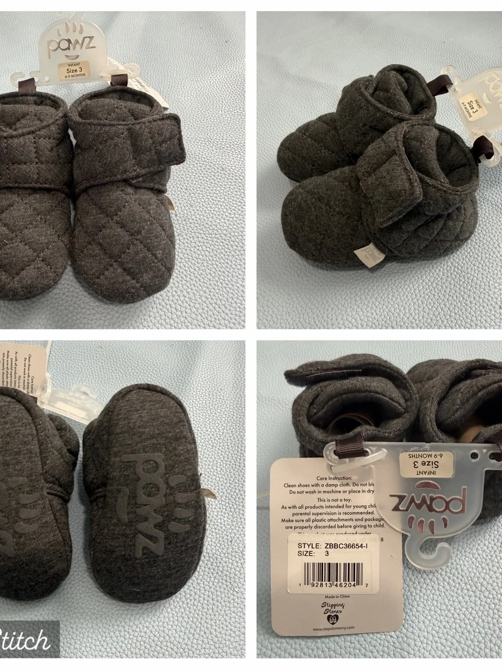 PAWZ Quilted Baby Booties Size 3 (6-9 Months)